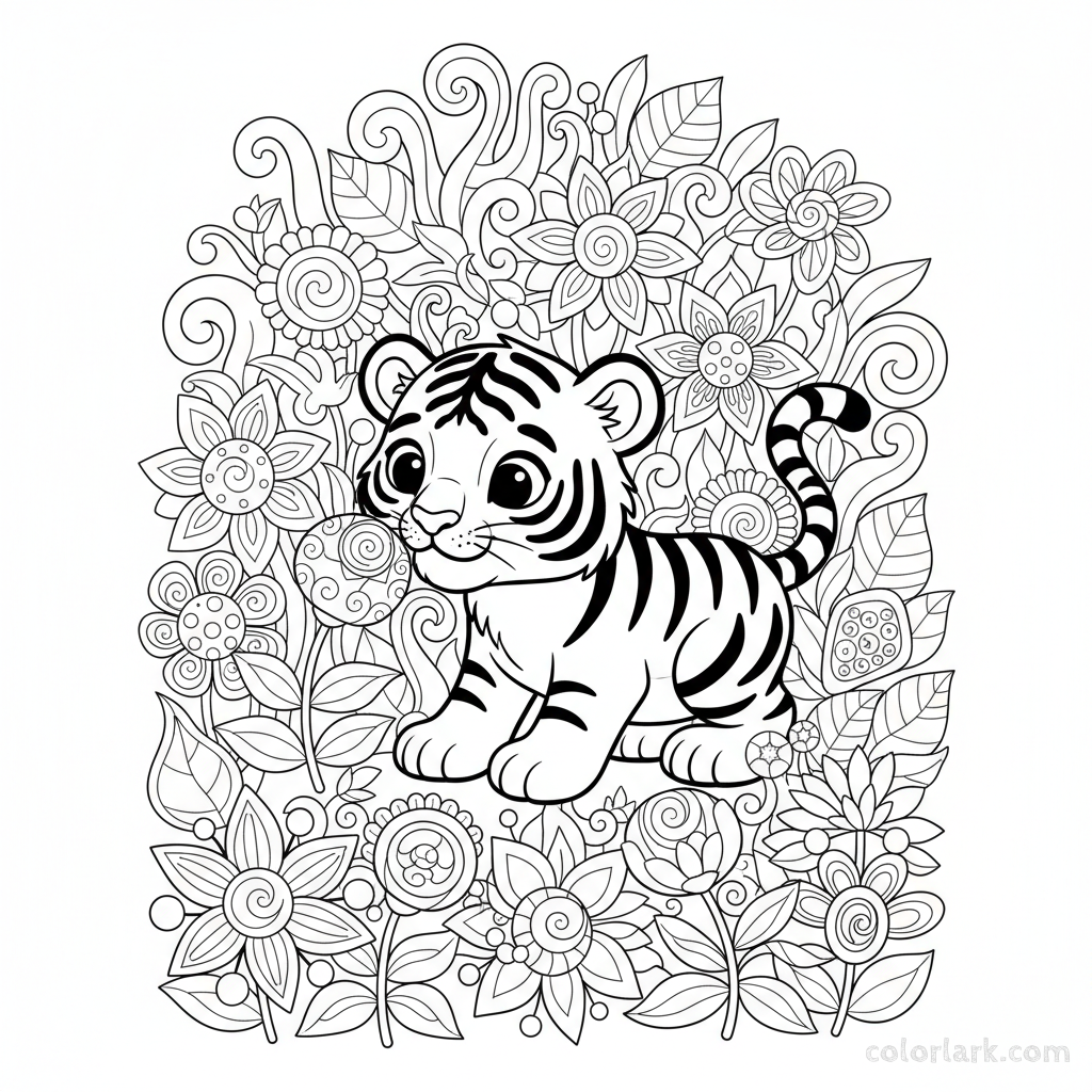 Black and white line art of a baby tiger exploring a field of exotic jungle flowers