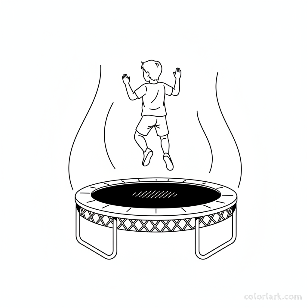 Black and white line art of a child jumping high on a trampoline, viewed from the back, at a kids fitness center.