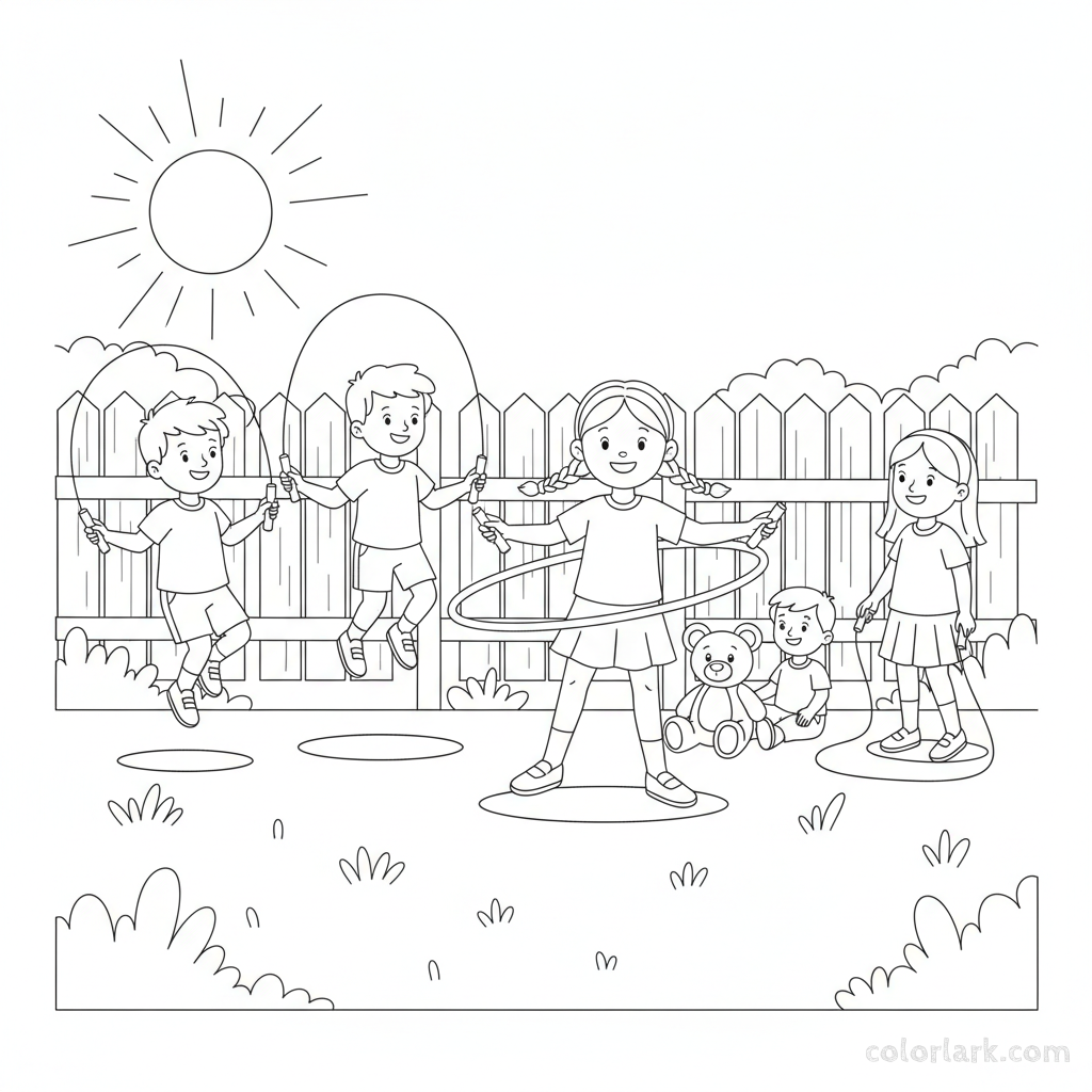 Line art of kids in a backyard gym with hula hoops and jump ropes