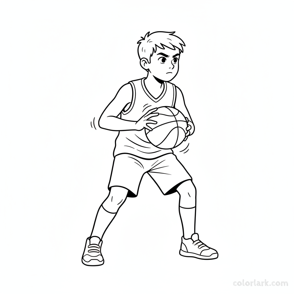 Black and white line art of a kid holding a basketball, looking to pass to a teammate, simple for coloring.