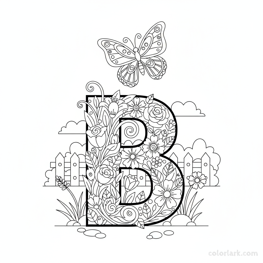 Black and white line art of a beautiful butterfly flying over the letter B.