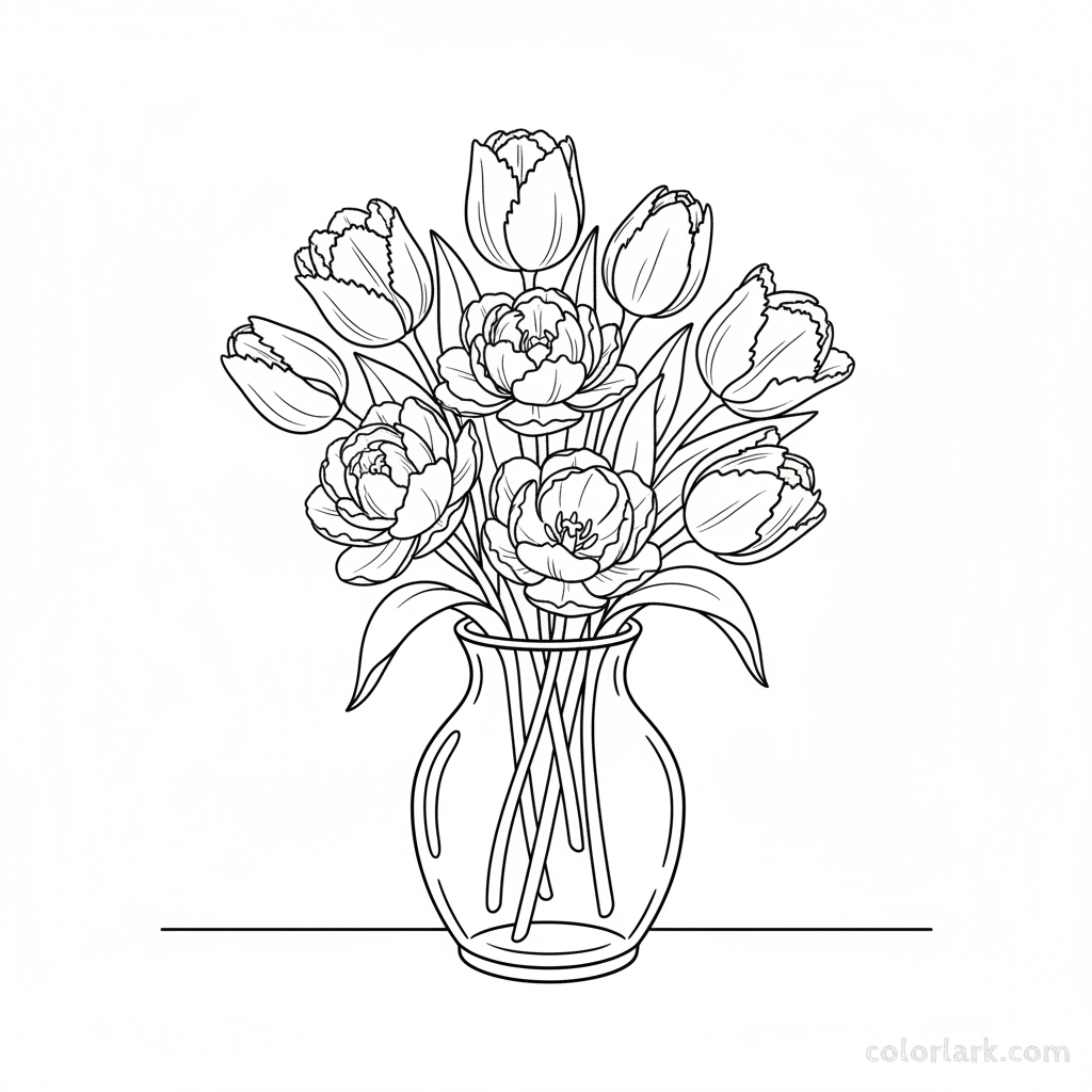 Line art illustration of a beautiful spring tulip bouquet in a vase