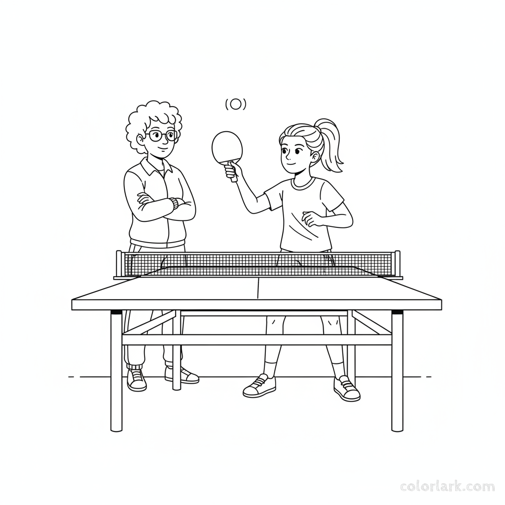 Black and white line art of a beginner girl mastering the ball toss for a table tennis spin serve, with her coach watching.