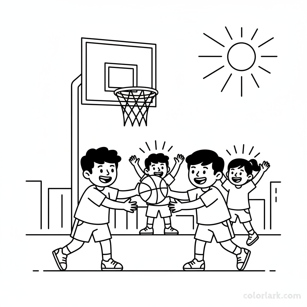 Line art of an Indian street basketball game with two players and three friends cheering, simplified for beginners.