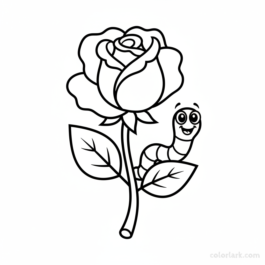 Beginner rose and a cartoon worm coloring page for toddlers, black and white line art, simple flower and insect drawing.