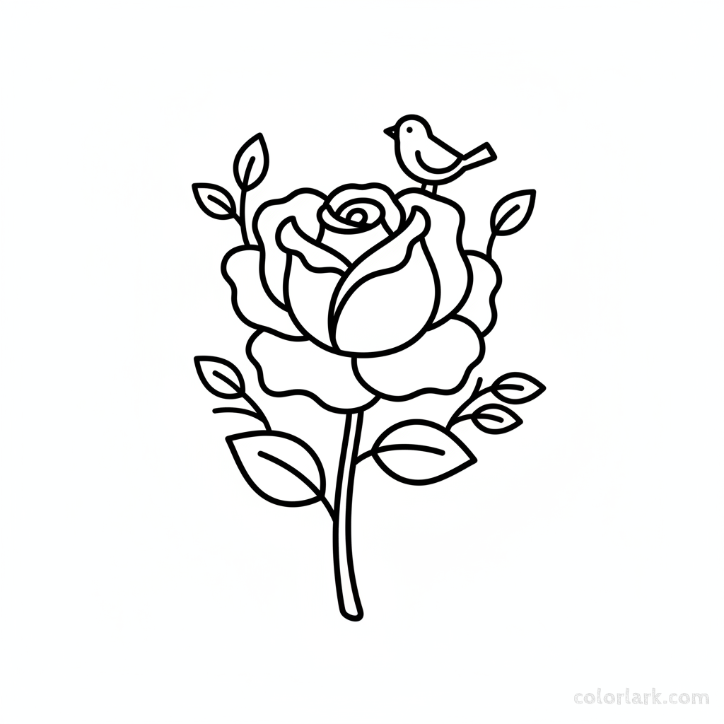 Beginner rose and a cute bird coloring page for nature kids, black and white line art, simple flower and bird drawing.