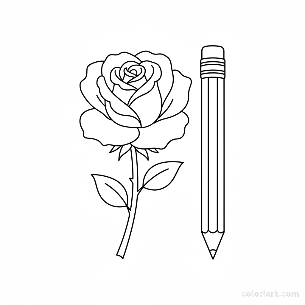 Beginner rose and pencil coloring page for school kids, black and white line art, easy flower and school supply.