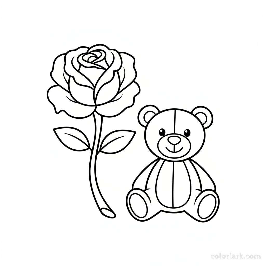 Beginner rose and teddy bear coloring page for young children, black and white line art, easy flower and plush toy.