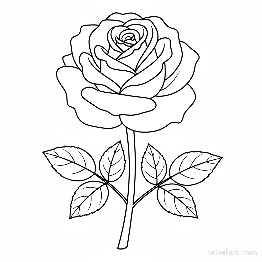 Beginner rose with multiple leaves coloring page for detail, black and white line art, simple flower with foliage.