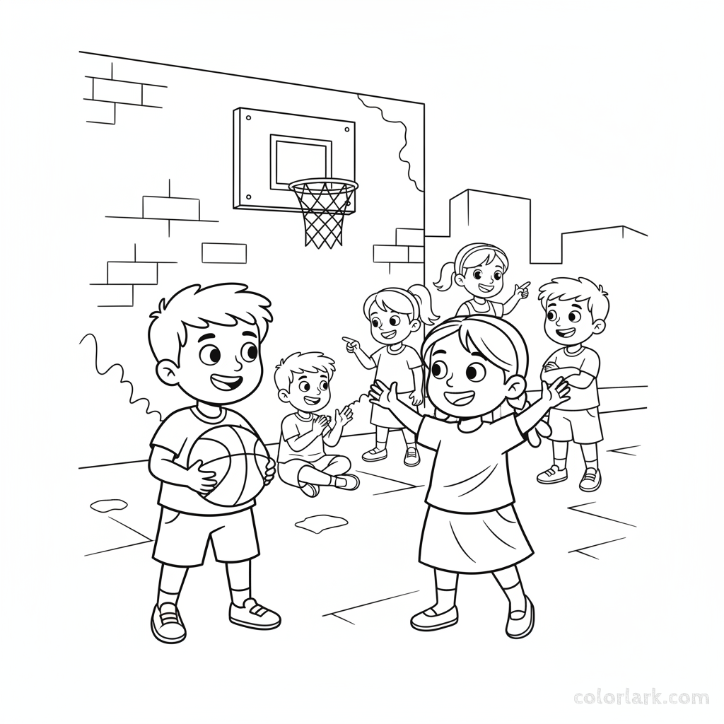 Line art of Indian children having beginner street basketball fun with friends cheering.