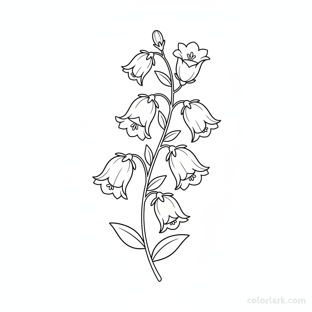 Black and white line art of a simple bellflower (Campanula) with several bell-shaped, downward-facing blooms on a slender stem with small leaves.