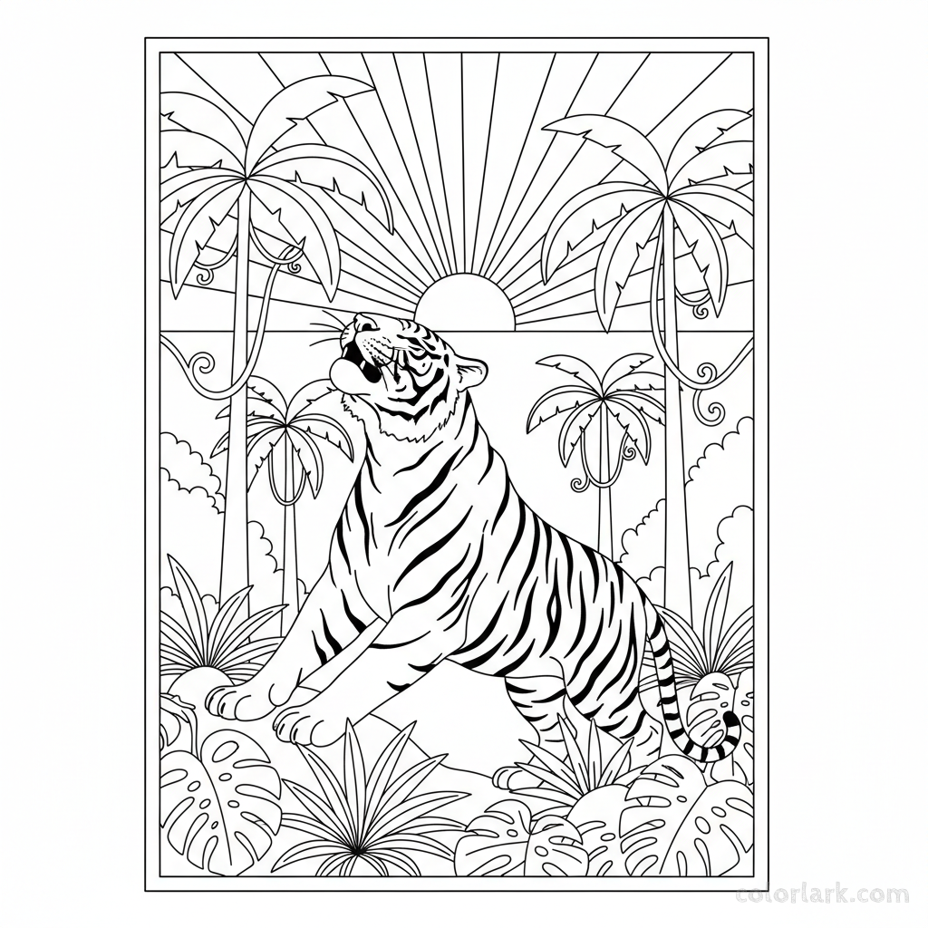 Black and white line art of a Bengal tiger stretching gracefully at sunrise in an Indian jungle