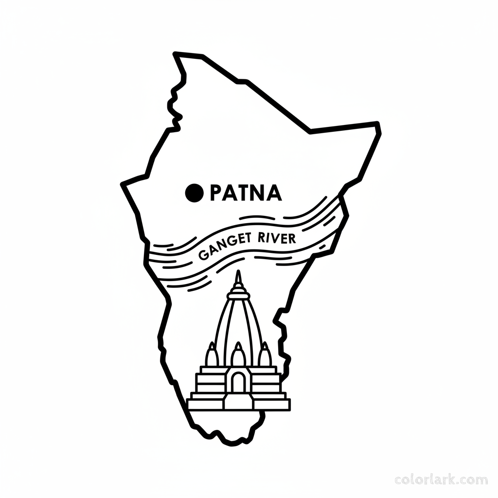 Line art coloring map of Bihar state, featuring the Mahabodhi Temple at Bodh Gaya and the prominent Ganges River.