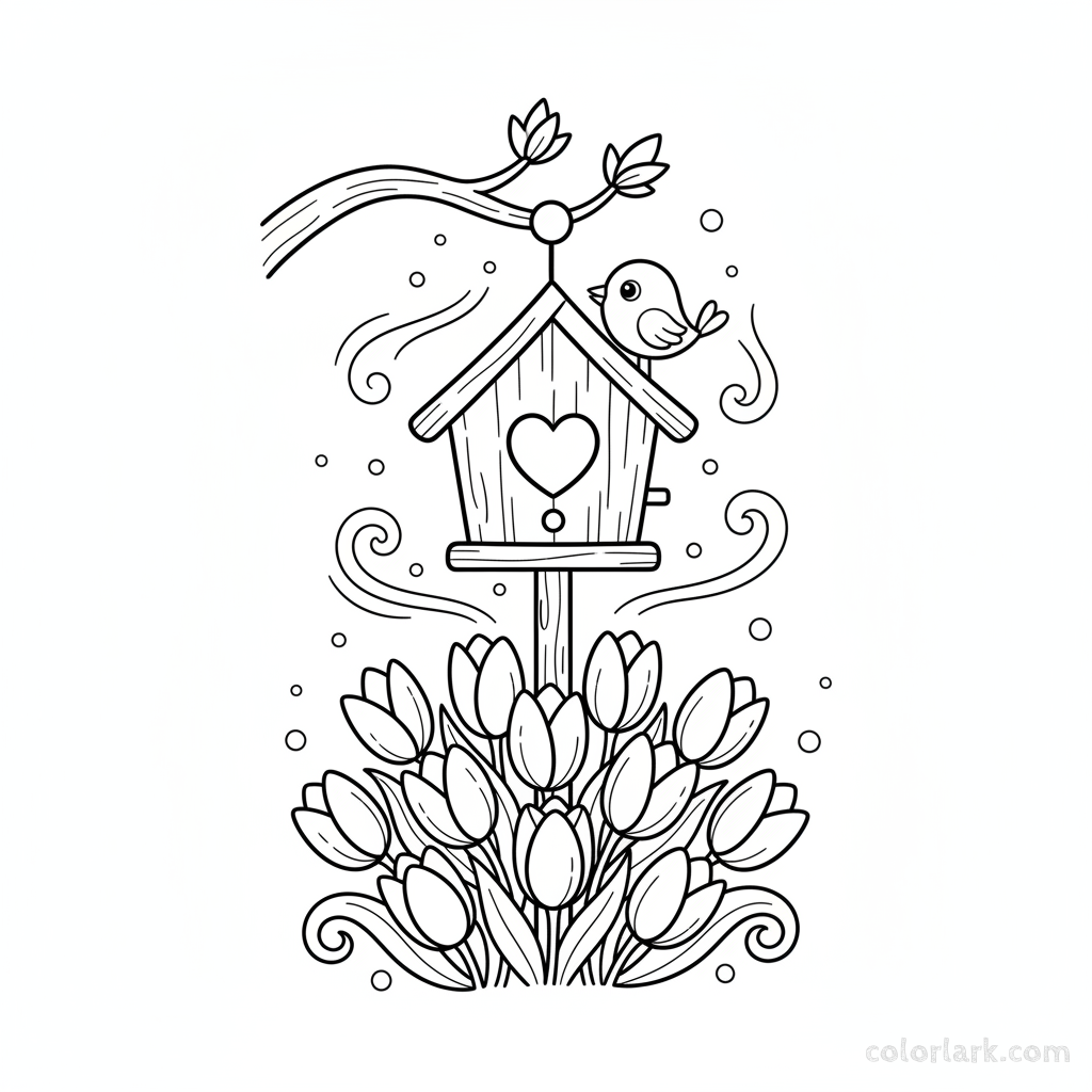 Line art illustration of a birdhouse surrounded by blooming tulips