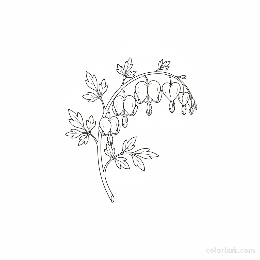 Black and white line art of a single delicate sprig of bleeding heart flowers with several heart-shaped blooms and fern-like leaves.