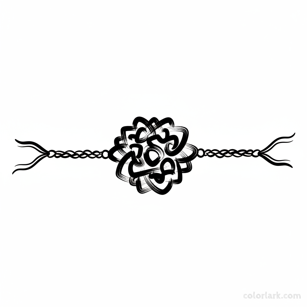 Black and white line art of a bold abstract brushstroke Rakhi with dynamic, sweeping lines and irregular shapes for expressive coloring.