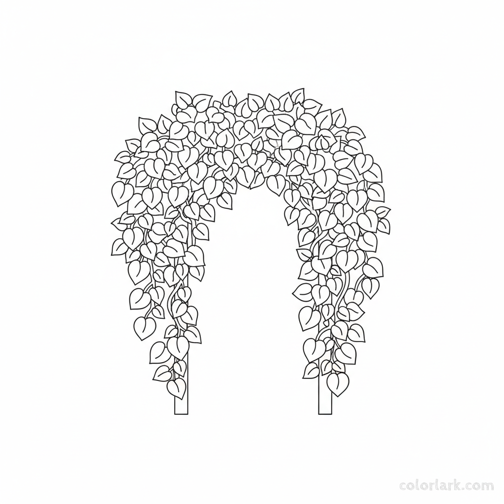 Black and white line art of a simple archway covered by trailing bougainvillea vines with clusters of bracts and leaves.