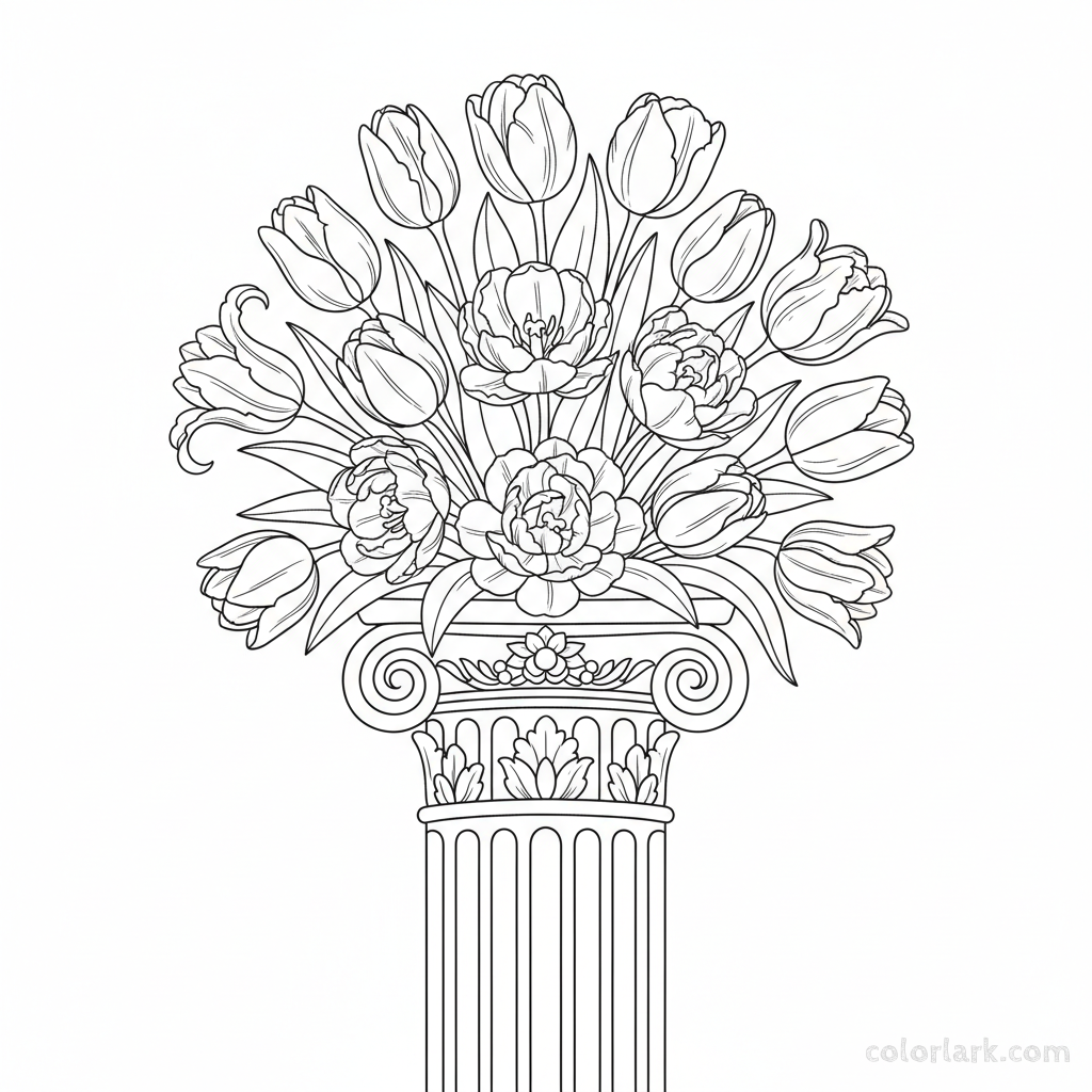 Line art illustration of an elegant bouquet of tulips on a decorative pedestal