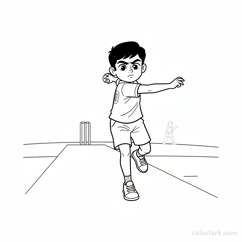 Line art coloring page depicting an Indian boy bowler in the middle of his run-up.