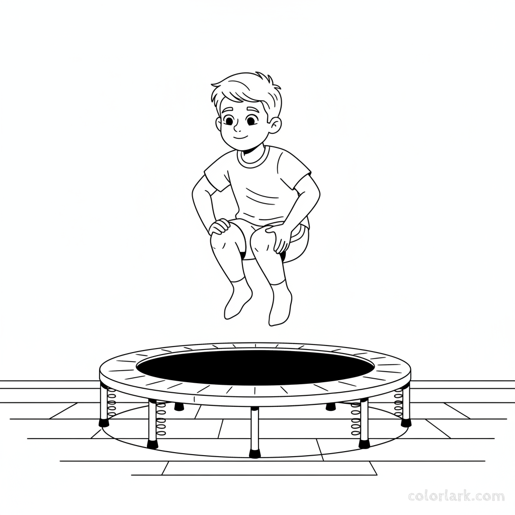 Black and white line art of a boy bouncing with hands on his knees on a mini trampoline at a kids fitness center.