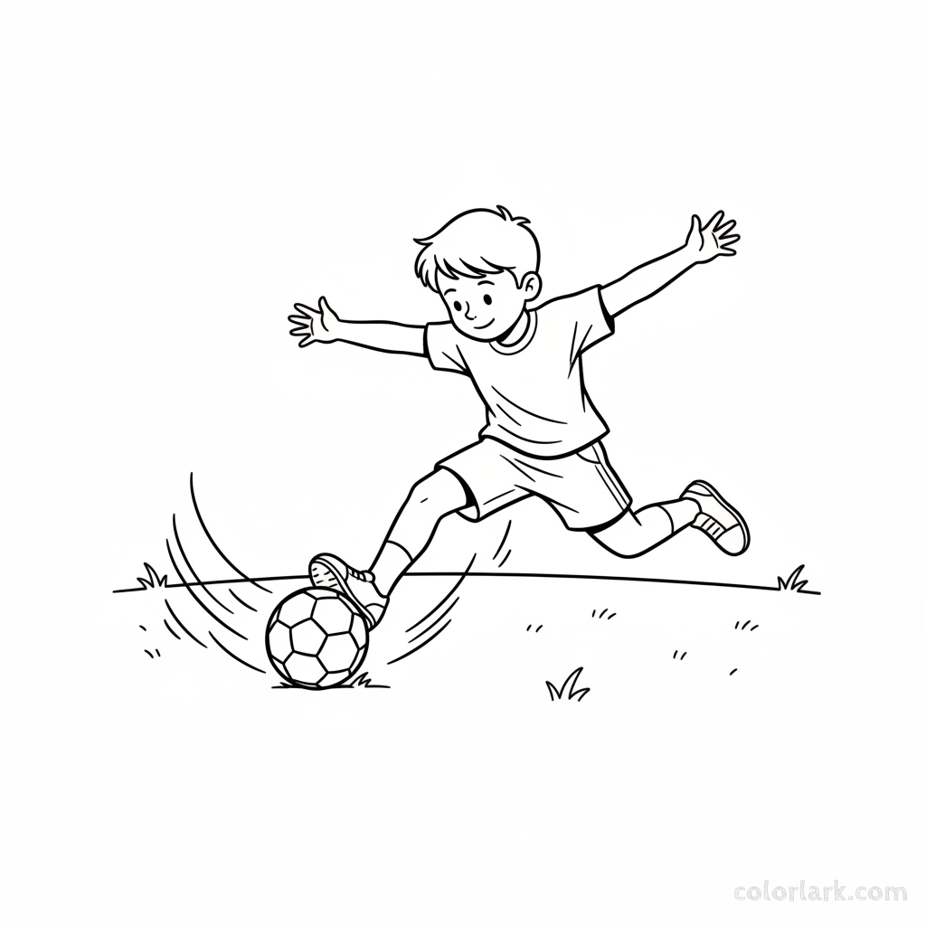 Line art of a boy child making an energetic football drive.