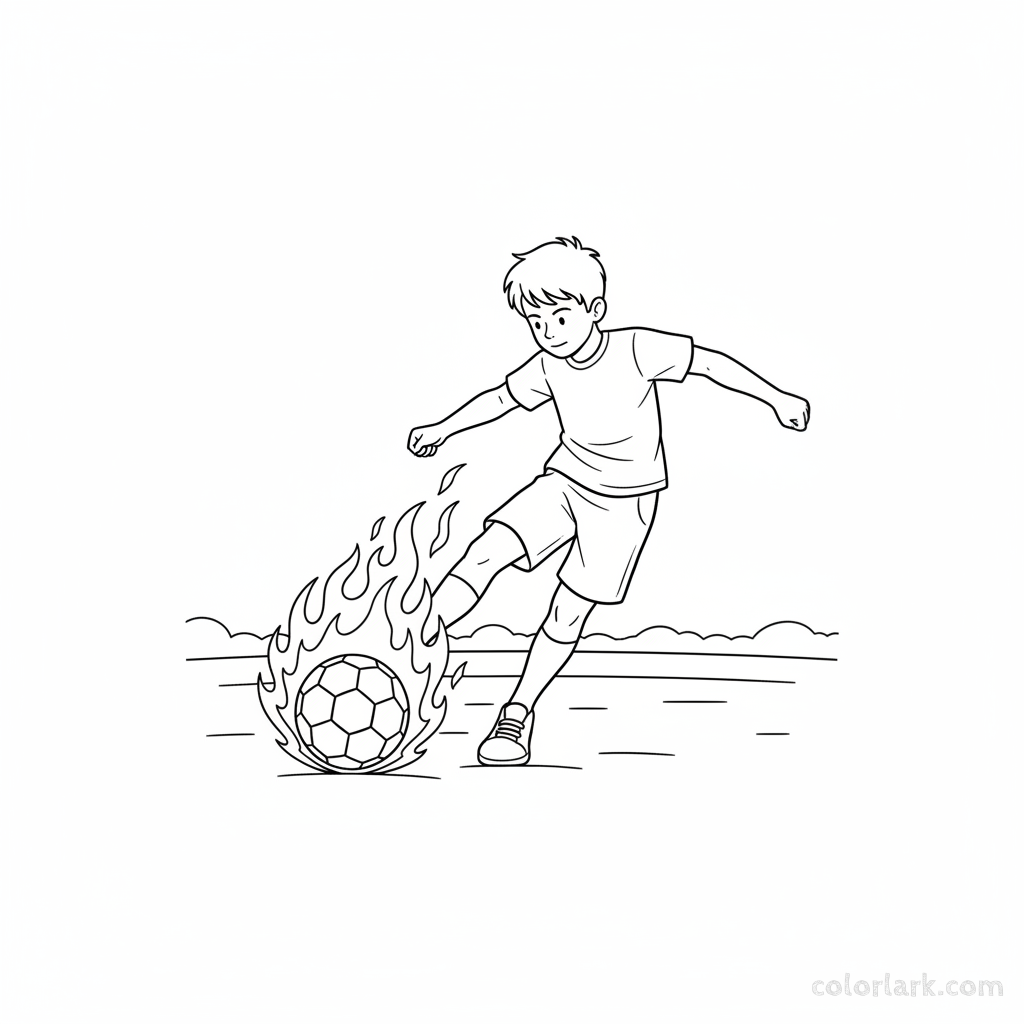 Line art of a boy child making a blazing football shot.