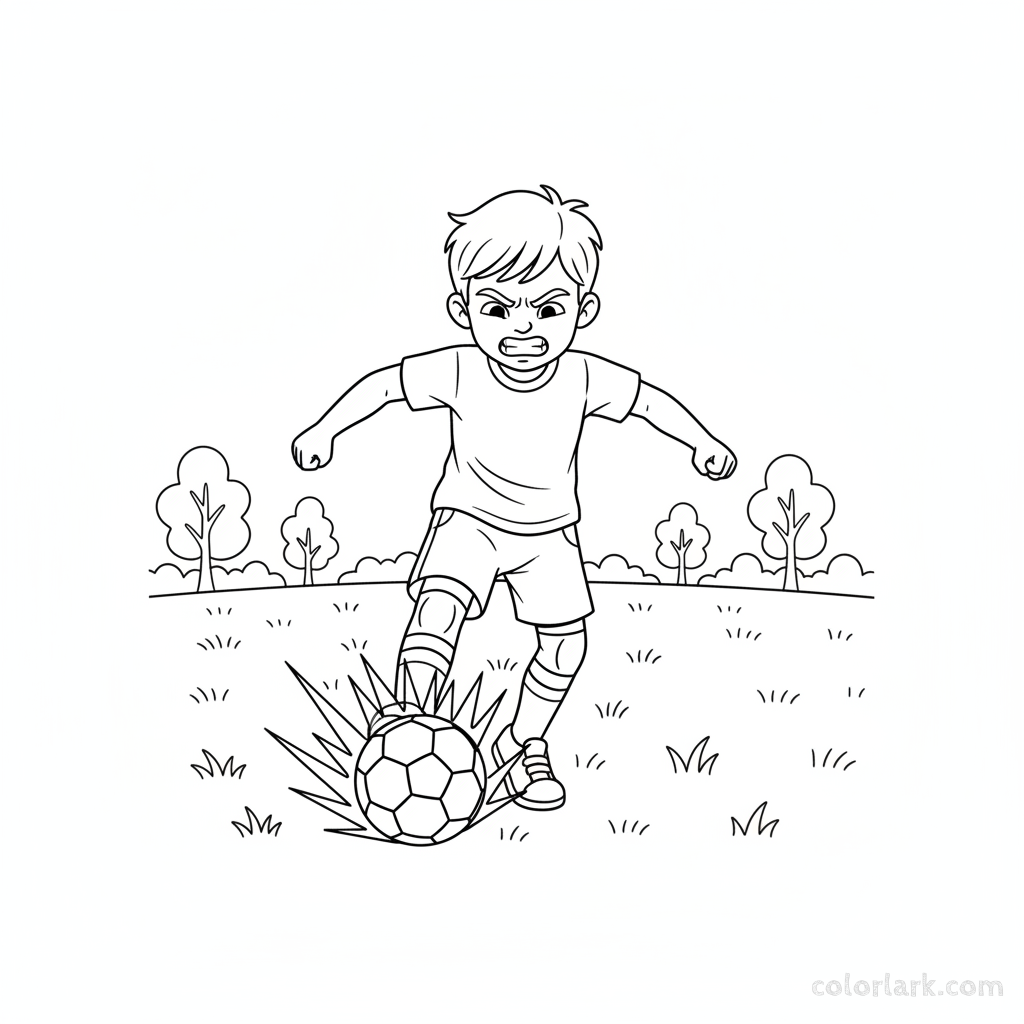 Line art of a boy child taking a powerful football shot.