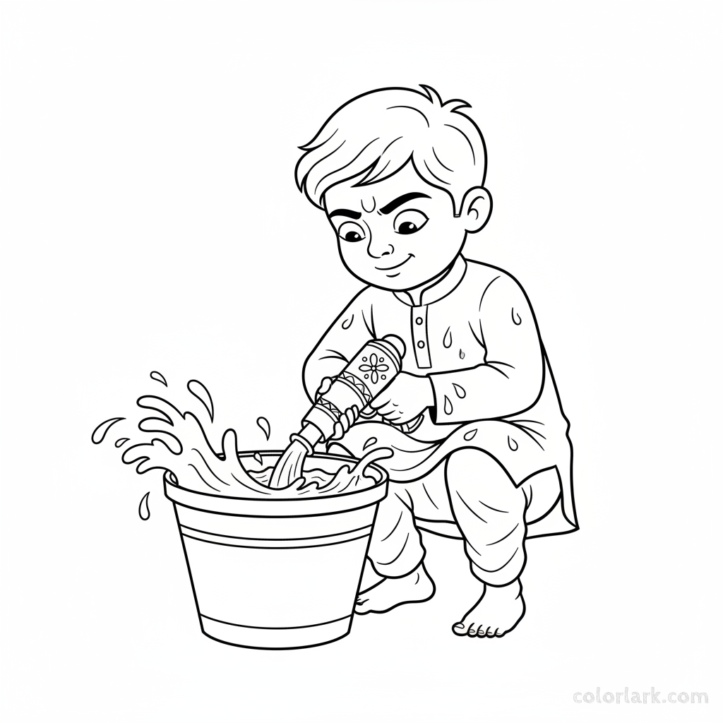 Boy filling pichkari from bucket Holi coloring page