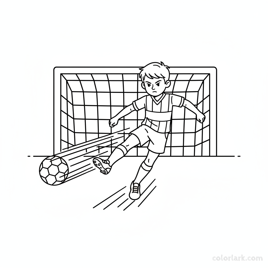 Line art of a boy footballer unleashing a bullet shot.