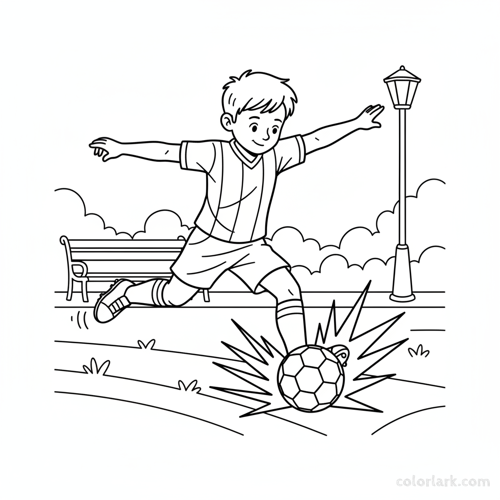 Line art of a boy junior player kicking a football with power.
