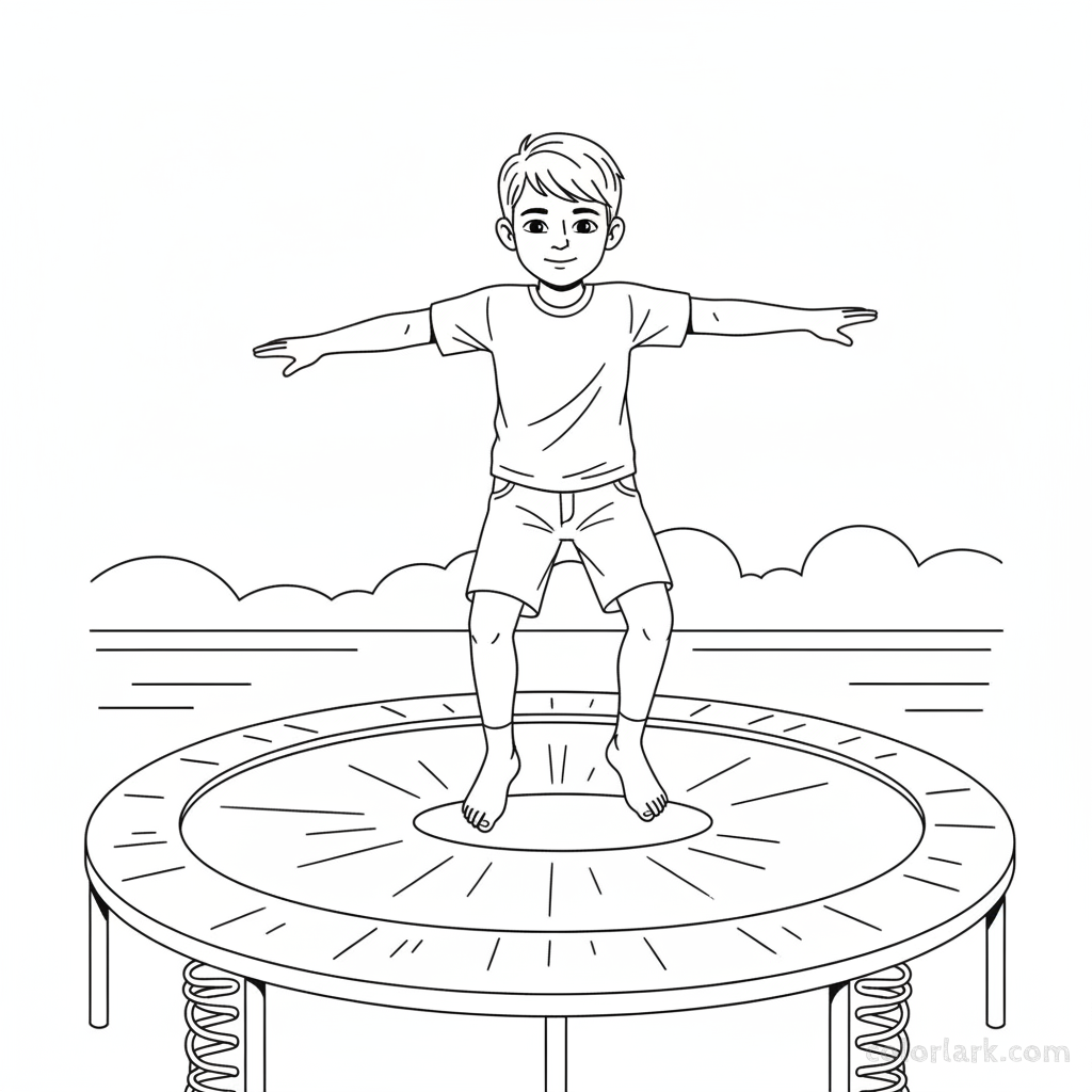 Black and white line art of a boy landing perfectly on both feet after a trampoline bounce at a kids fitness center.