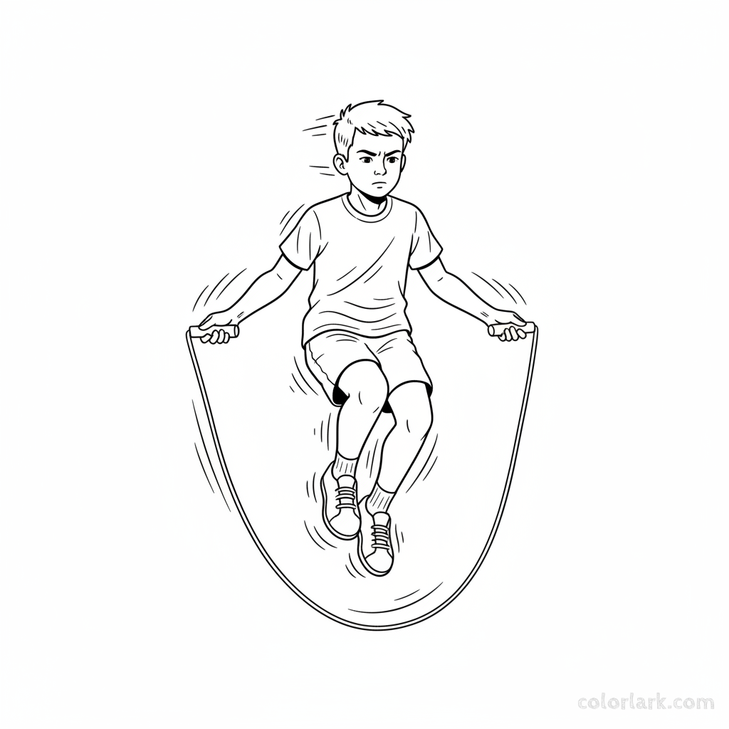 Line art of a boy mastering speed skipping rope skills outdoors