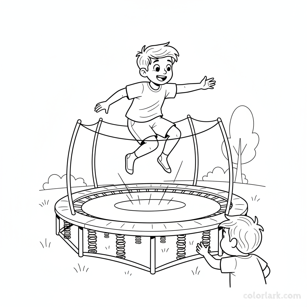 Black and white line art of a boy reaching towards a friend while jumping on a trampoline in a kids fitness center.