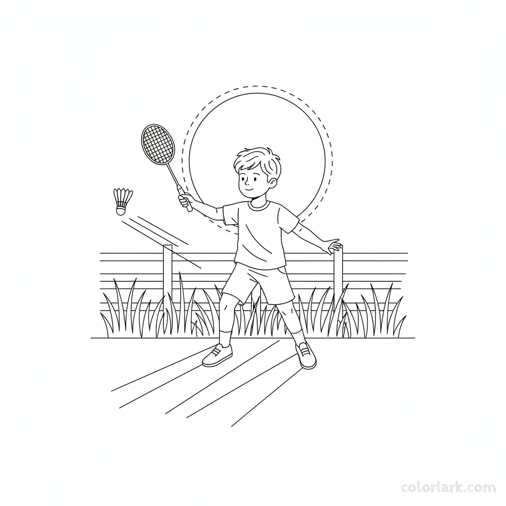 Line art of a boy ready to hit a badminton shot with sun behind him.
