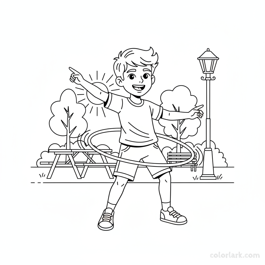 Line art of a boy showing off hula hoop skills in a park