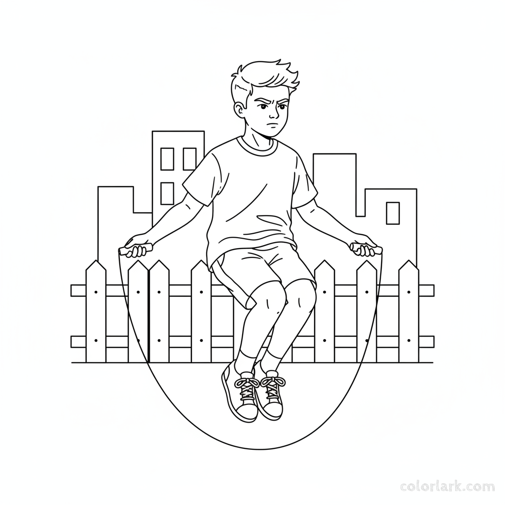 Line art of a boy showing off jump rope endurance outside