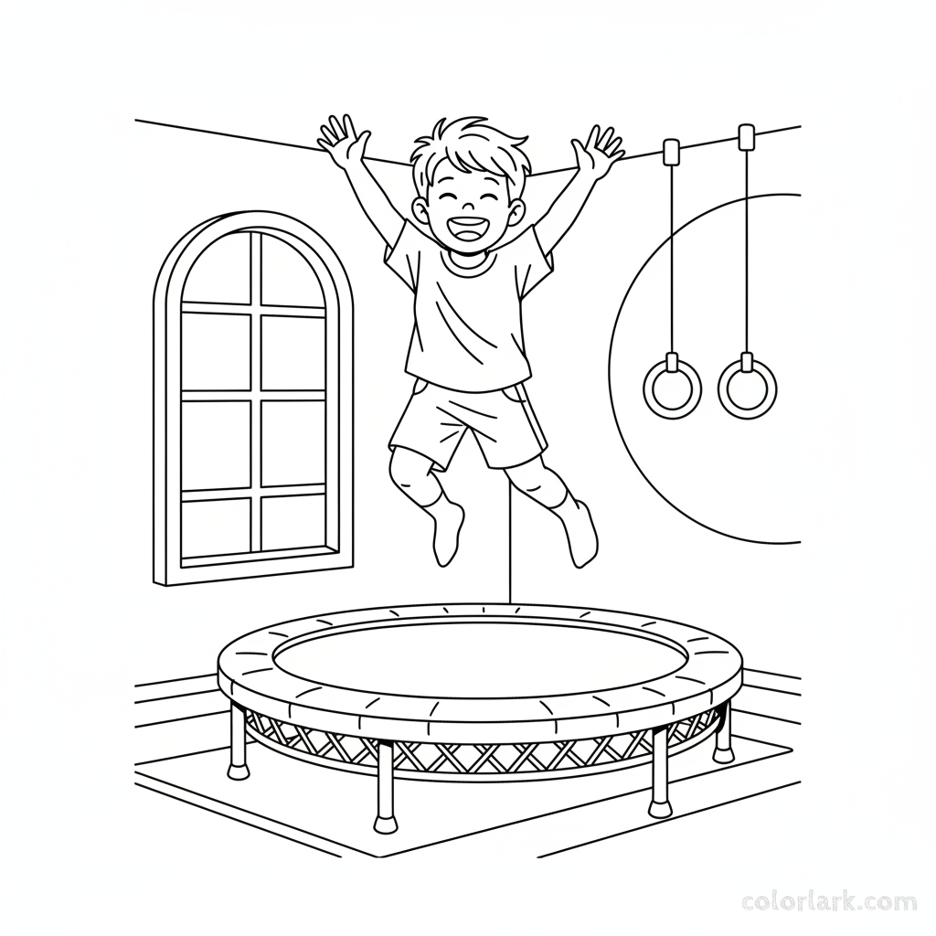 Black and white line art of a boy waving his arms while jumping on a fitness trampoline at a kids fitness center.
