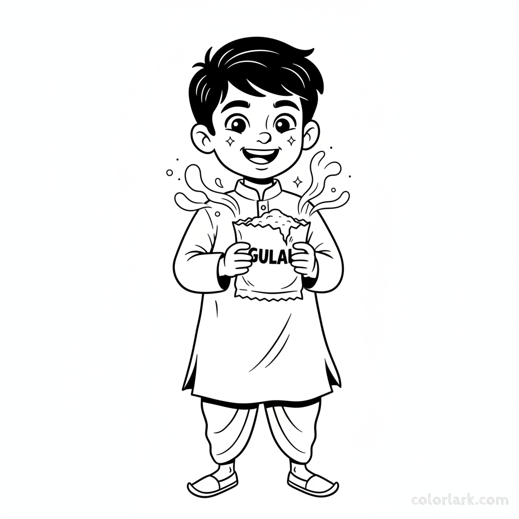 Boy with mischievous grin holding gulal packet for Holi coloring