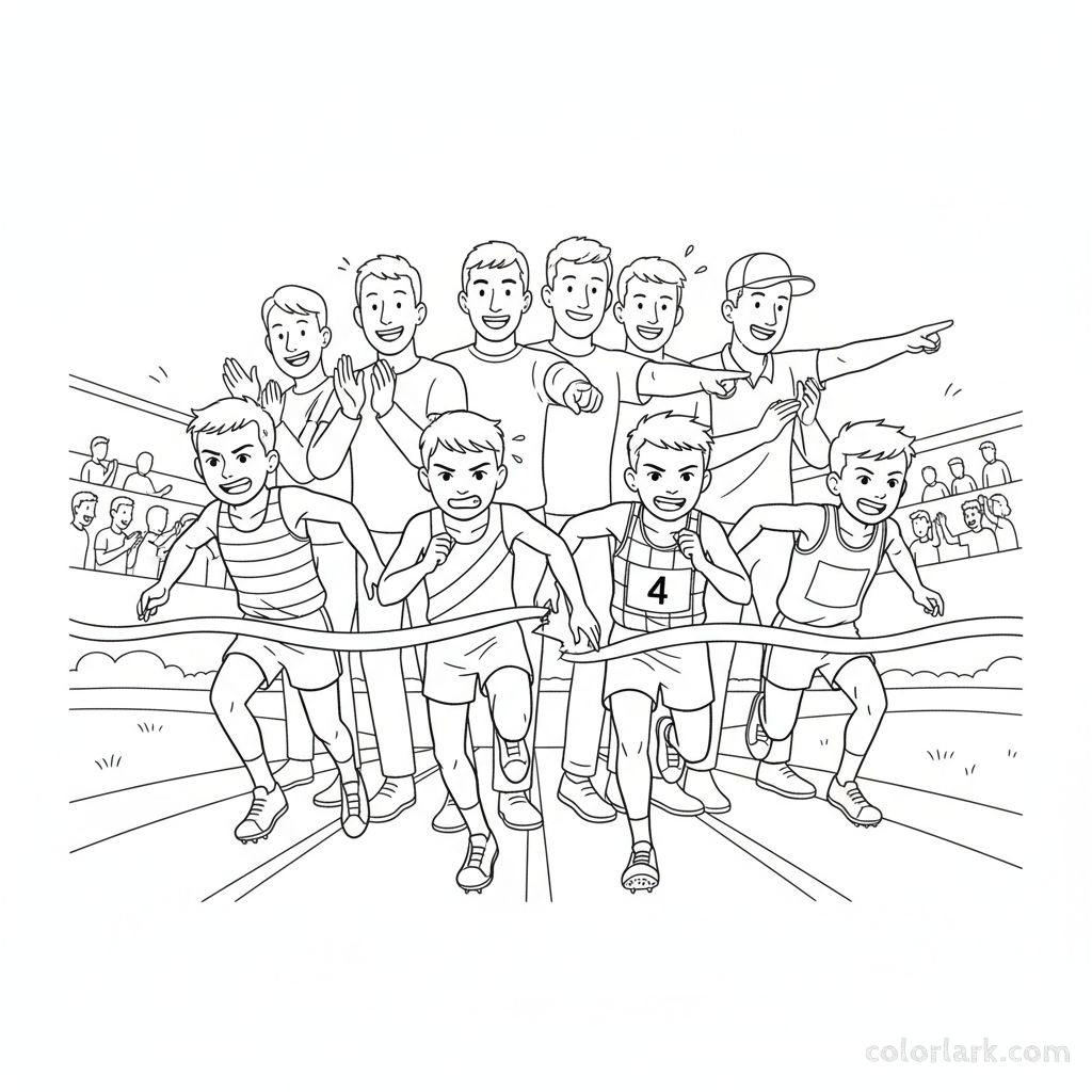 Line art of boys sprinting to a finish line during an athletics day, with a cheering crowd