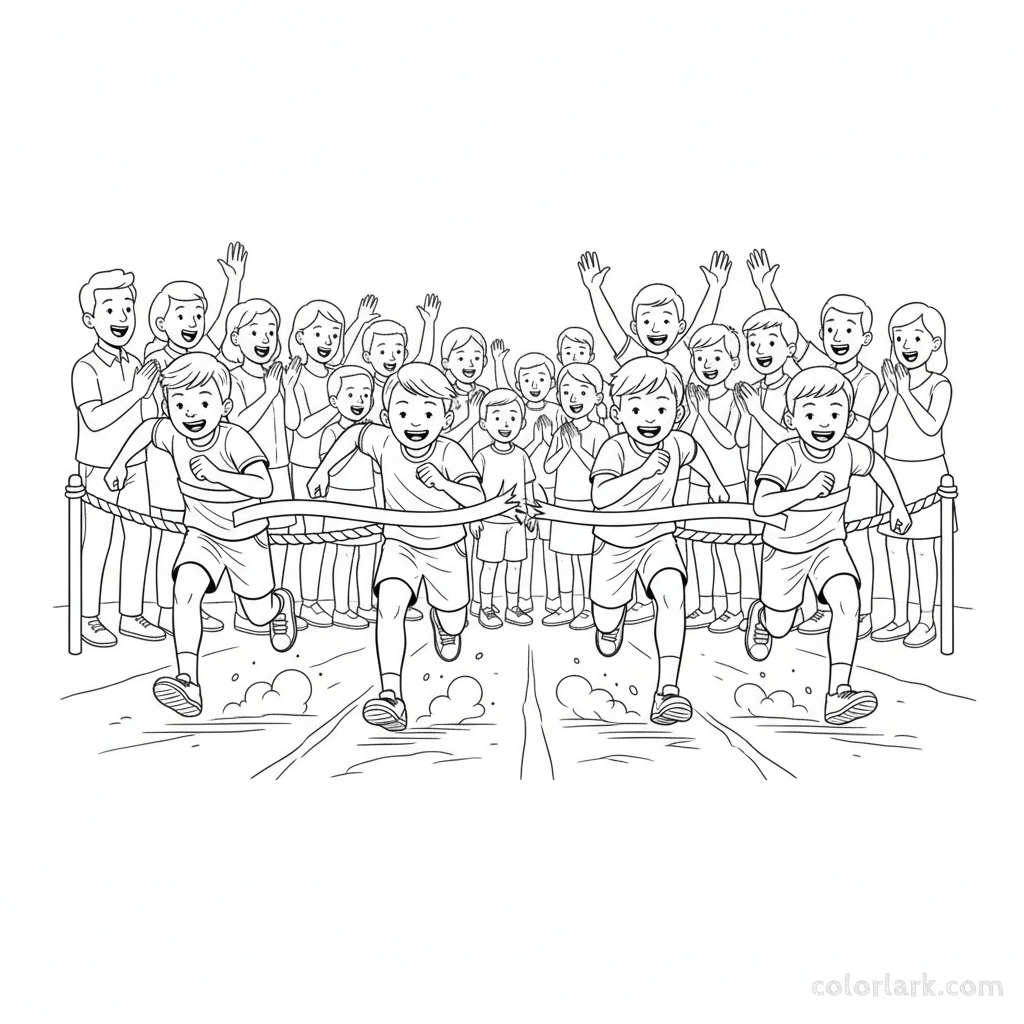 Line art of boys sprinting to an athletics finish line with a cheering crowd