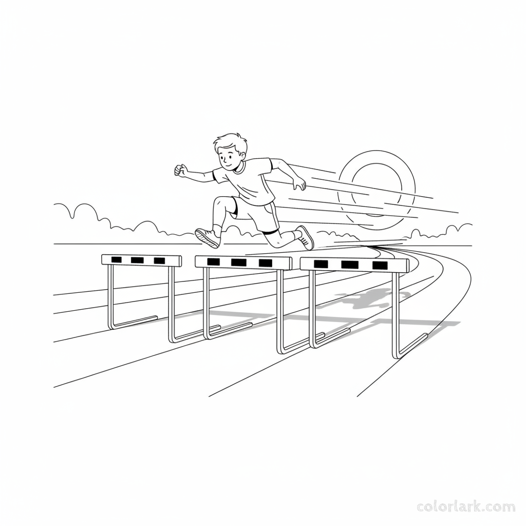 Black and white line art of a young boy's fluid motion gliding over multiple hurdles on an evening track.
