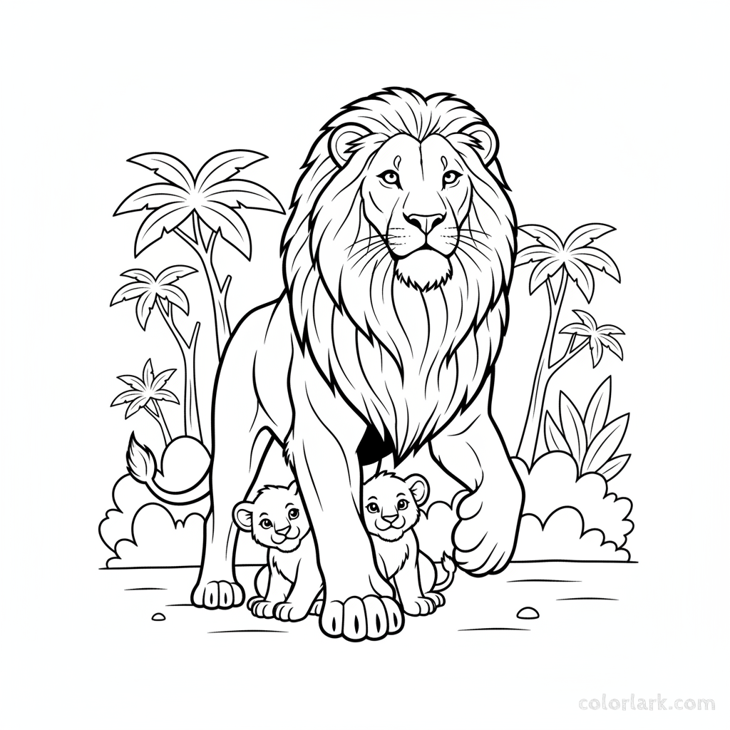 Black and white line art of a brave lion protecting its cubs in an Indian jungle safari