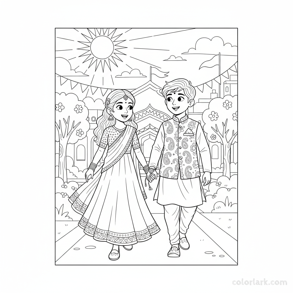 Line art of a brother and sister holding hands and walking on Rakshabandhan