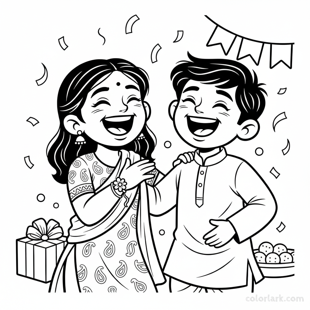 Line art of a brother and sister laughing together during Rakhi celebrations