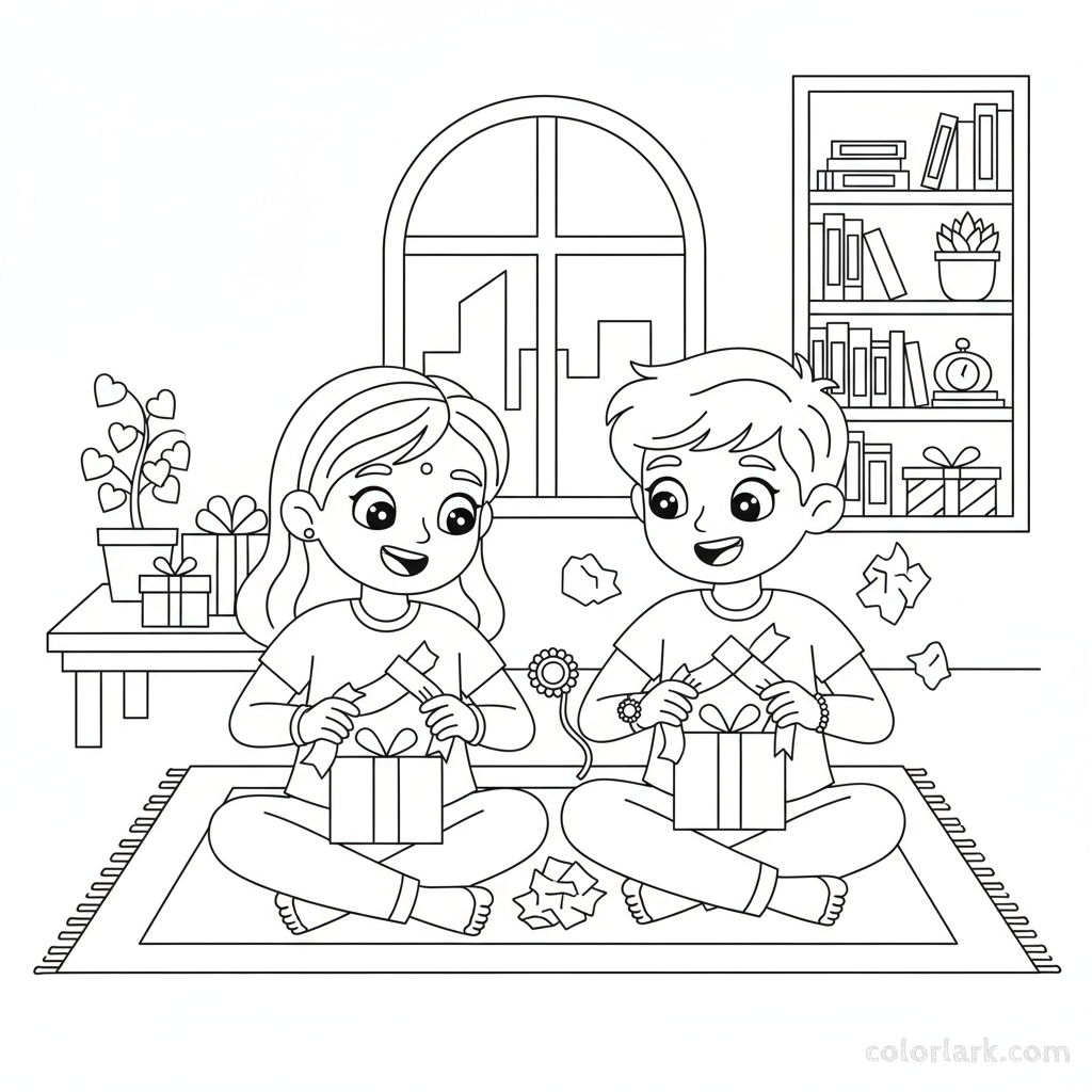 Line art of a brother and sister opening Rakhi gifts together