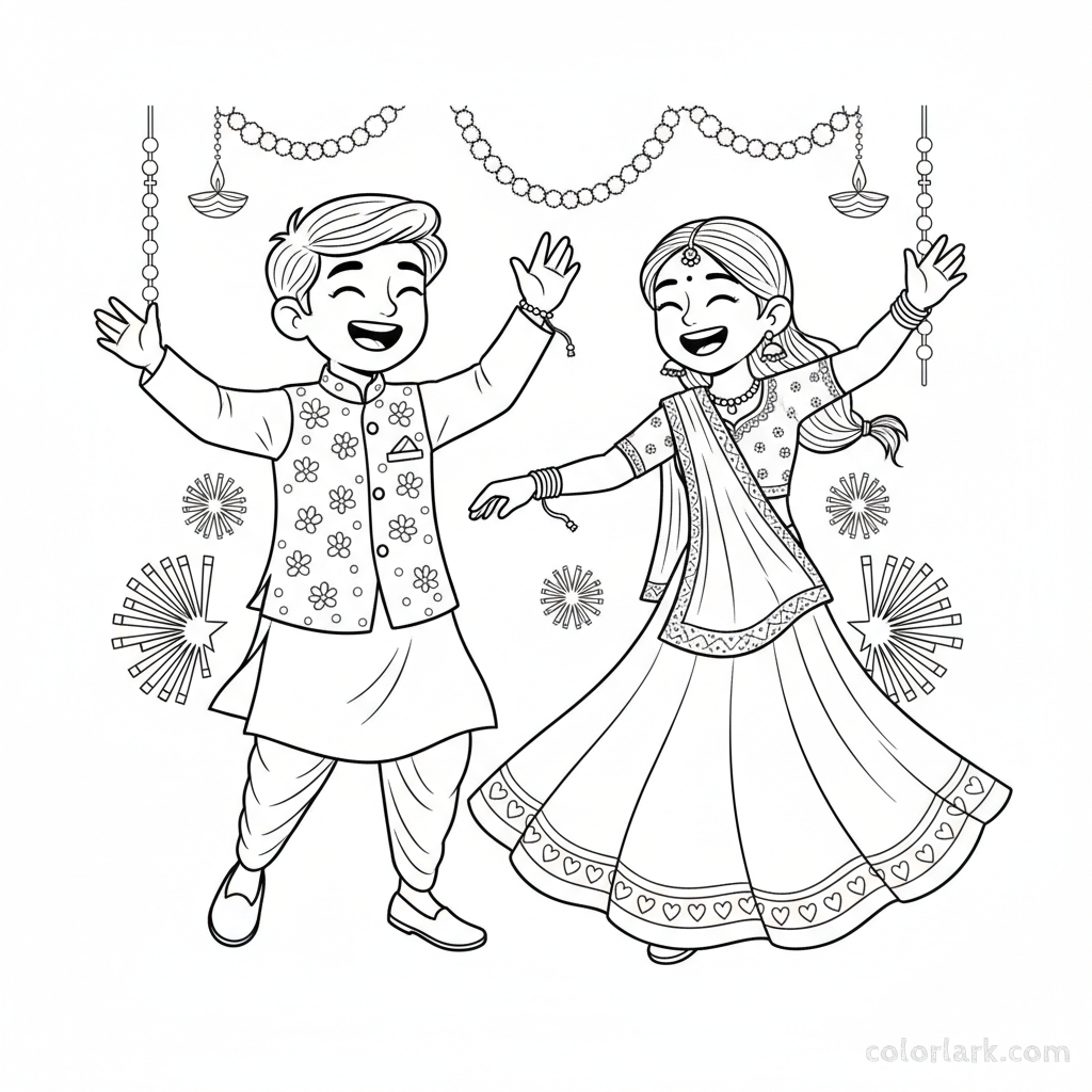 Line art of a brother and sister sharing a joyful dance step during Rakhi