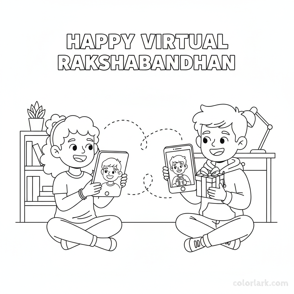 Line art of a brother and sister video calling for virtual Rakshabandhan
