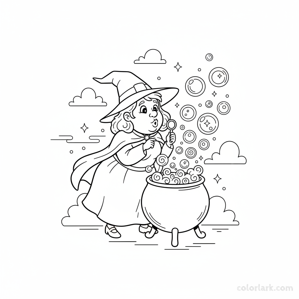 Black and white line art of a cartoon witch making bubbles from her cauldron, Halloween magic coloring page.