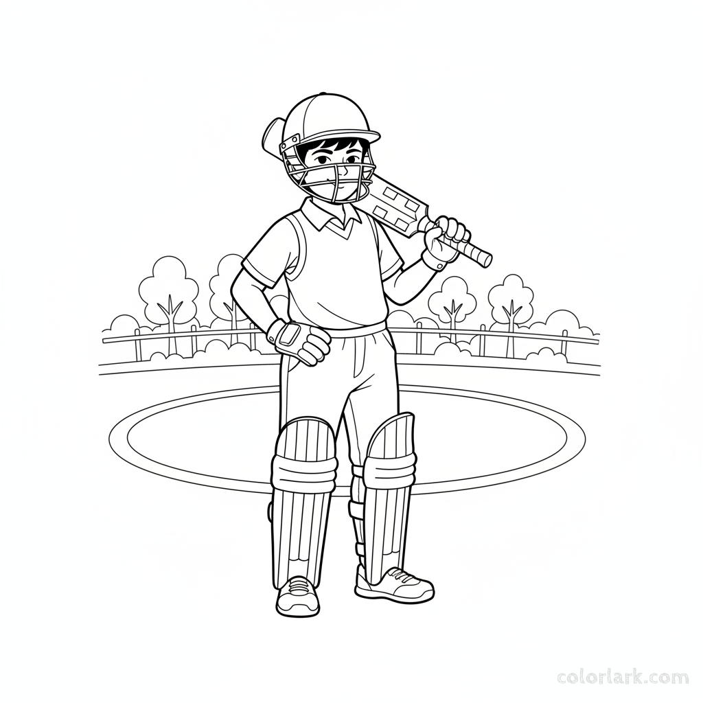 Budding Indian cricket champion, a young boy in helmet and pads, holding a bat proudly on a village ground.