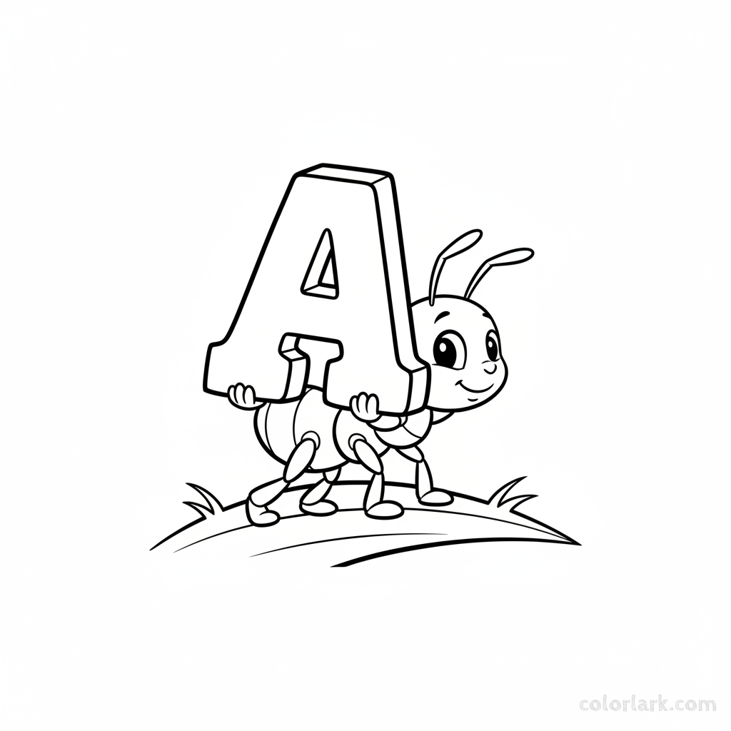Black and white line art of a busy ant carrying the letter A.